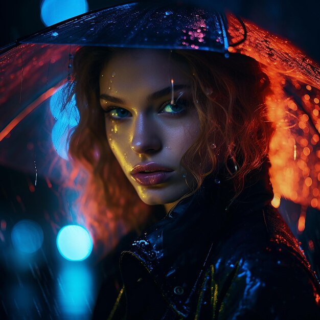 Abstract photography portrait of a girl with an umbrella rainy night in the city style