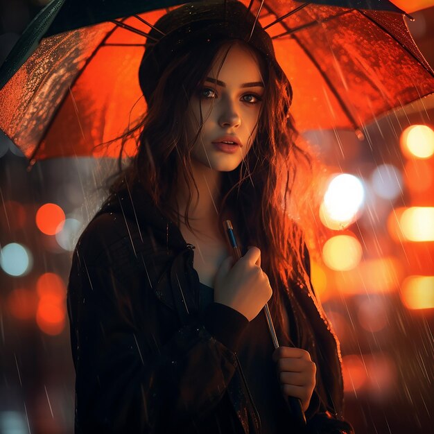 Abstract photography portrait of a girl with an umbrella rainy night in the city style