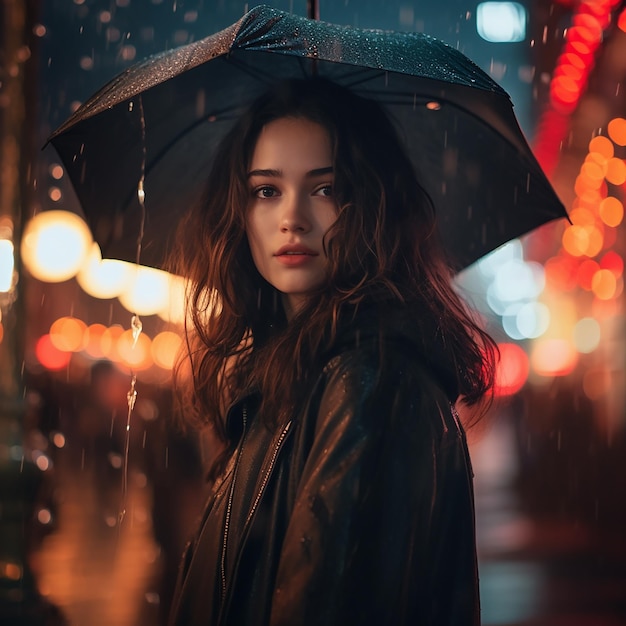 Abstract photography portrait of a girl with an umbrella rainy night in the city style