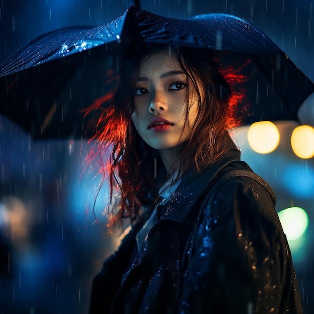 Abstract photography portrait of a girl with an umbrella rainy night in the city style