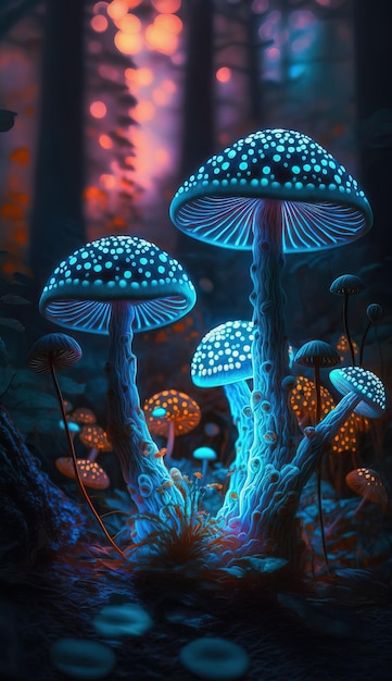 Abstract phychedelic mushroom in colorful neon lights Generative Ai