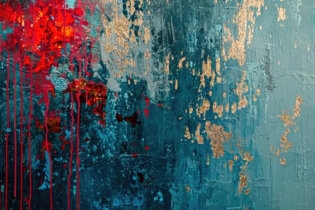 An abstract picture of gold blue and red color painted on background aigx