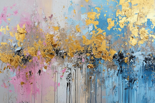 An abstract picture of gold pink and blue color painted on background aigx