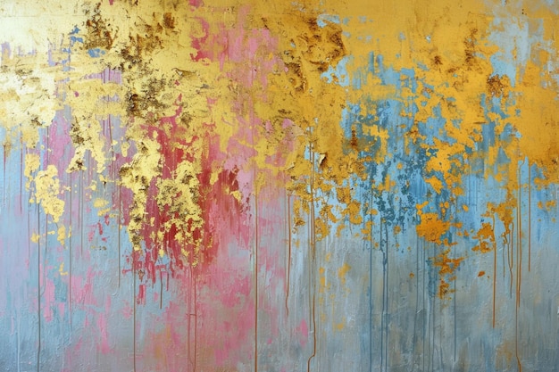 An abstract picture of gold pink and blue color painted on background aigx