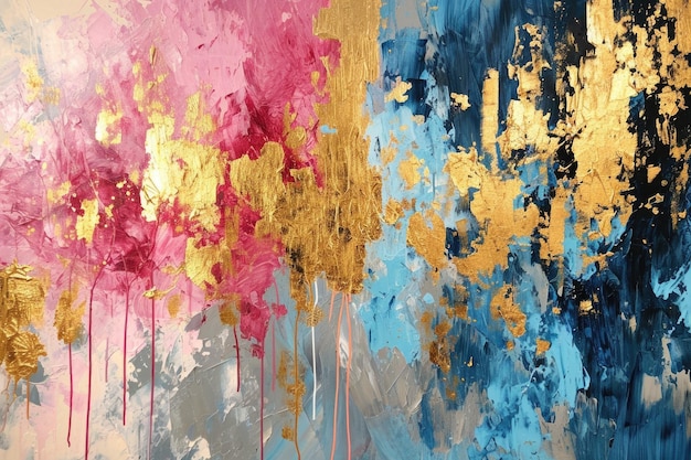 An abstract picture of gold pink and blue color painted on background aigx