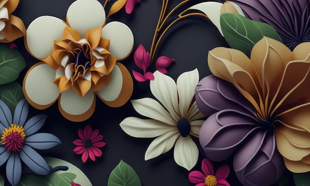 An abstract picture made of paper flowers in the style of colorful woodcarvings