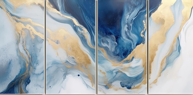 abstract piece canvas set with gold and blue waves