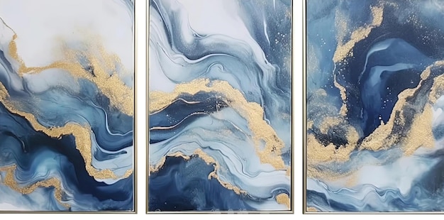 abstract piece canvas set with gold and blue waves