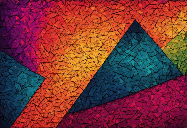 an abstract piece using triangles in a variety of bright colors