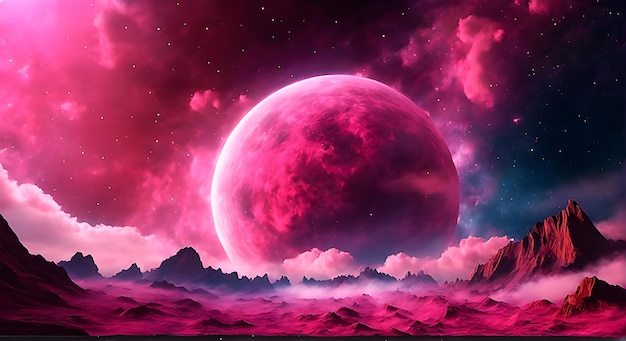 Abstract pink alien landscape with a big planet in the night sky