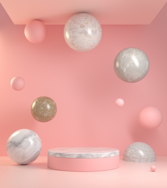 Abstract Pink Background Podium With Marble Floating To Ceiling 3d Render