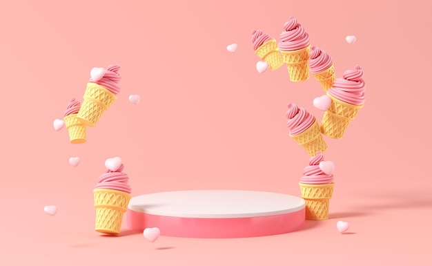 Abstract Pink background with geometric shape podium for product Minimal concept Pink ice cream with hearts holiday summer decoration 3d render