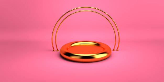 제품에 대 한 골드 기하학적 모양 연단 추상 분홍색 배경. 최소한의 개념. 3d 렌더링. 기하학적 형태의 장면. 3D 일러스트 렌더링