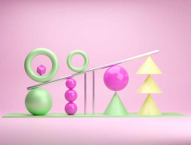 abstract pink background with green torus and pink spheres with metallic bars