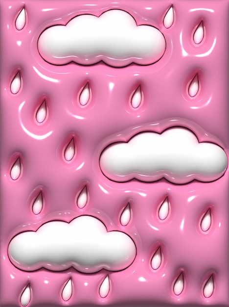 Abstract pink background with white puffy clouds and drops 3D rendering illustration