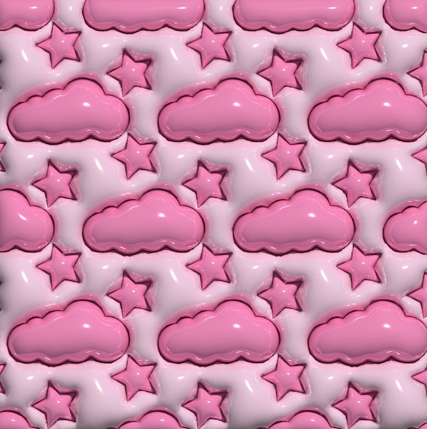 Abstract pink background with white puffy clouds and stars 3D rendering illustration