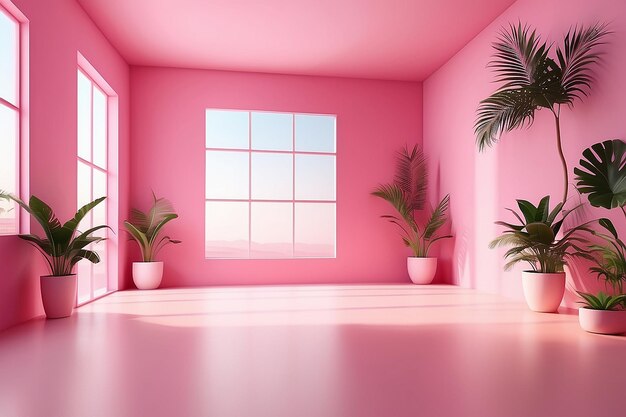 Фото Абстрактный розовый градиент цвета фоновый студийный фон для презентации продукта пустая комната с тенями окон и цветов и пальмовых листьев
