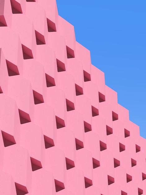 추상 분홍색 기하학적 건축, 블록 패턴, 푸른 하늘 배경에 현대적인 건물 디자인. 3d 렌더링.