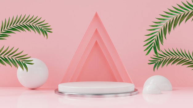 Абстрактный розовый фон формы геометрии с геометрией с тропическим листом подиум минималистский макет сцены 3d-рендеринга