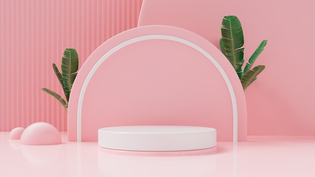 Abstract pink geometry shape background with geometry with tropical leaf Podium minimalist mock up scene 3d rendering