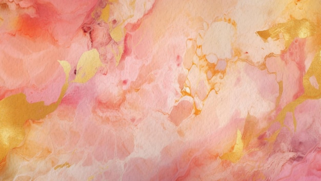 Abstract pink marble texture watercolor background on paper with gold line art