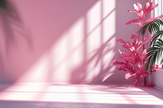 창 그림자와 복사 공간이 있는 추상 분홍색 스튜디오 배경