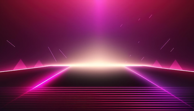 Абстрактный розово-фиолетовый фон с неоновыми линиями и туманом synthwave