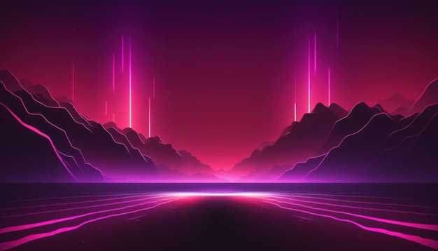 Абстрактный розово-фиолетовый фон с неоновыми линиями и туманом synthwave