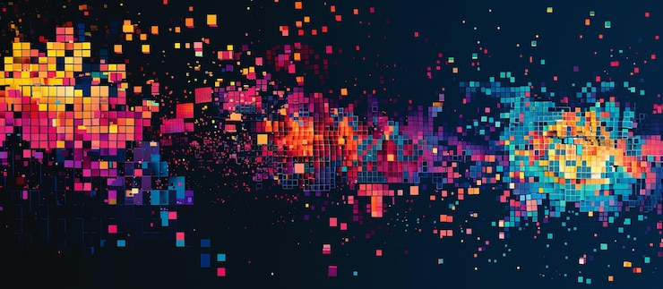 Photo abstract pixelated gradient squares against a dark background
