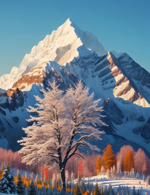 An abstract pixelated rendering of a snowcapped mountain with a vibrant