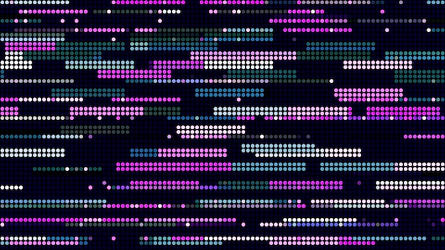 Abstract pixelated retro video game motion purple lines and dots moving on a black background