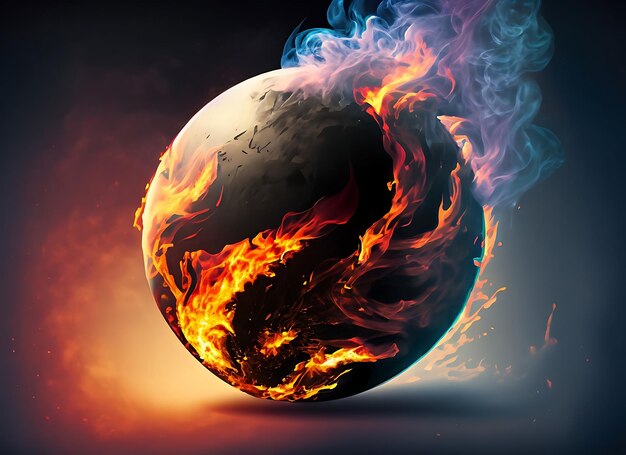 Foto planeta astratto con fuoco e fumo su sfondo scuro illustrazione