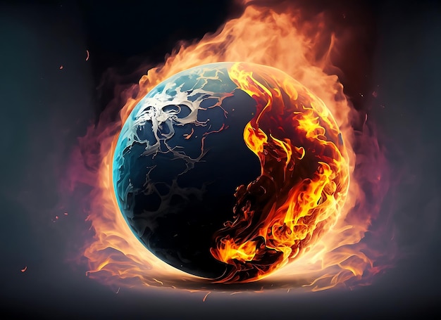 Abstract planet with fire and smoke on dark background illustration