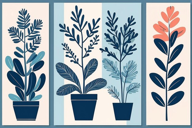 Photo abstract plant set modern art style botanic vector illustration in blue color matisse plants style in art vector design