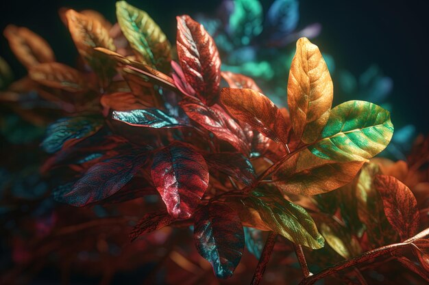 Photo abstract plant with leaves of neon colors on a dark background autumn night concept