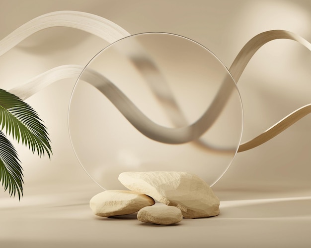 Abstract platform podium showcase for product display with palm leaves 3d render