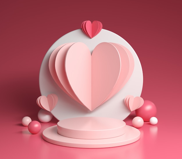 Abstract  Platform With Paper Heart Pastel Pink Color 3D Render