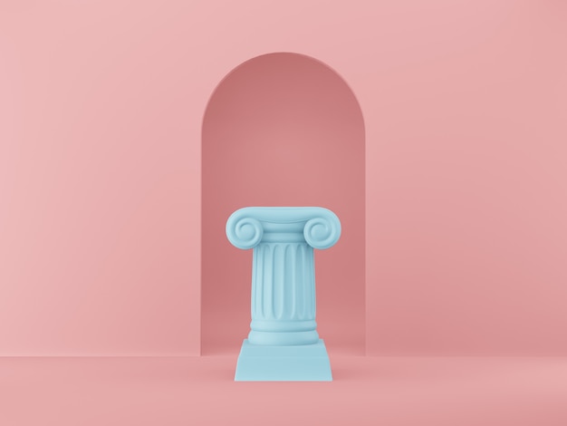 Abstract podium blue column on the pink background with arch 3D rendering