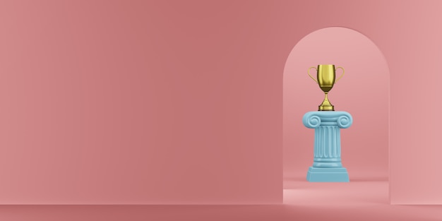 Abstract podium blue column with a golden trophy on the pink background with arch. The victory pedestal is a minimalist concept. 3D rendering.
