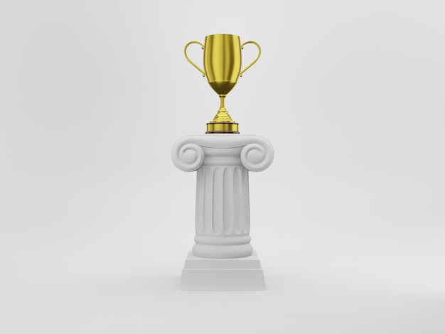 Abstract podium column with a golden trophy on the white background 3D rendering