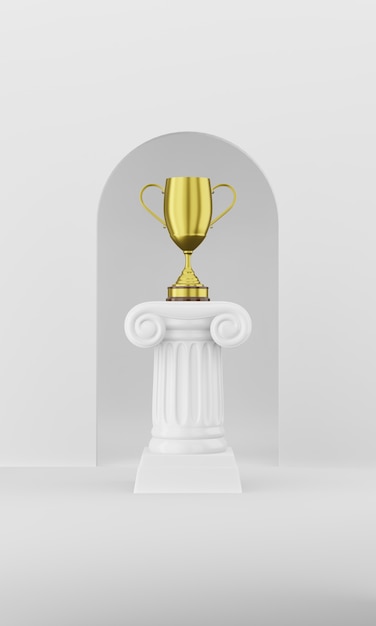 Abstract podium column with a golden trophy on the white background with arch 3D rendering