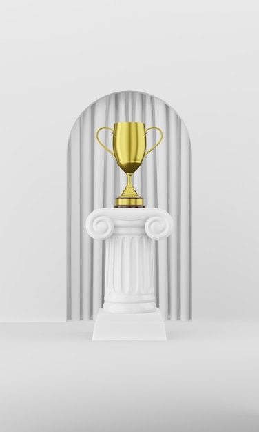 Abstract podium column with a golden trophy on the white background with arch 3D rendering