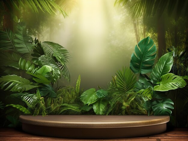 Abstract podium display rain forest with trees and water fall mock up design