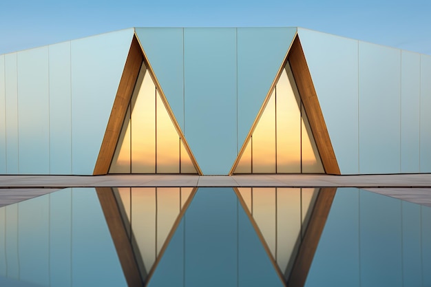 Abstract polygon shape light blue and gold building exterior design