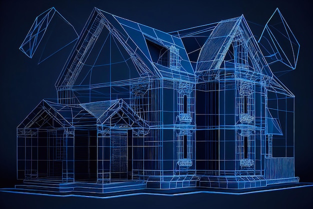 Abstract polygonal light design of house building symbol. Business low poly wireframe mesh from flying debris. Real estate concept. Blue lines, dots structure style 3D illustration. Generative AI