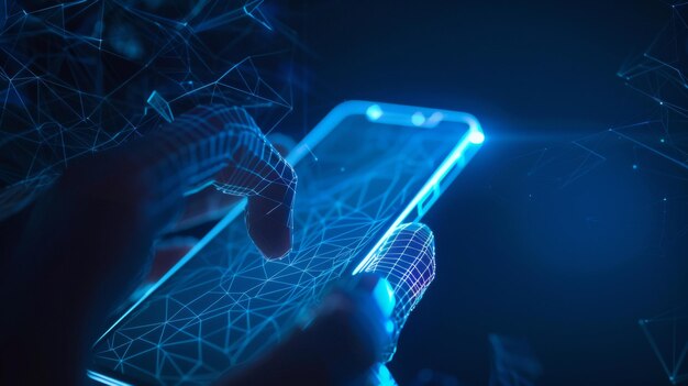 Photo abstract polygonal wireframe closeup image of a mobile phone surrounded by a white blank screen in holding the hands of a man illustration with a dark blue background concept of smartphone