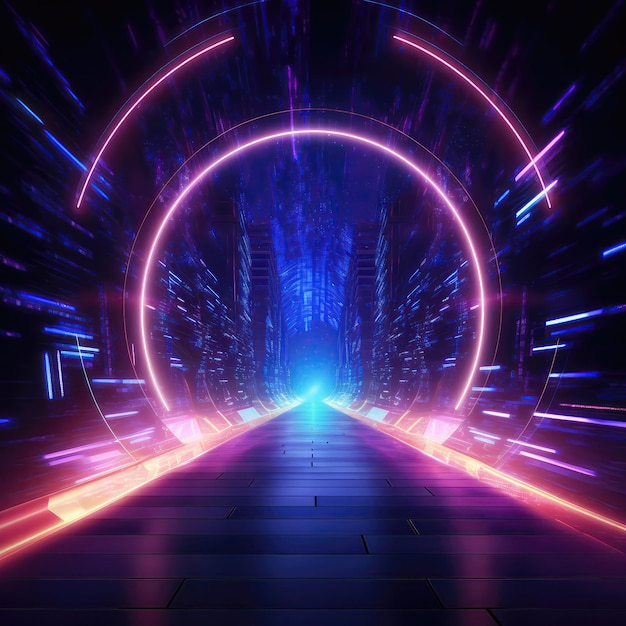 Abstract Portal Tunnel With Neon Lights And Bokeh Effects