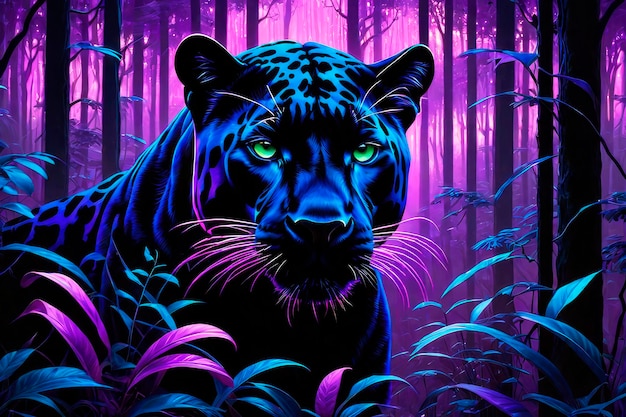 Photo abstract portrait of a adorable panther in glowing neon style animal graphic illustration