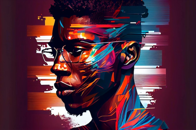 글리치 효과 삽화가 있는 아프리카계 미국인 남자의 추상적 초상화