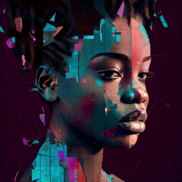 Abstract portrait of African American woman with glitch effect illustration Generative AI